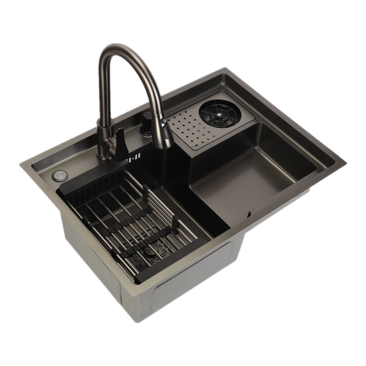 Single Bowl Stainless Steel Kitchen Sink with Drying Basket & Cup Washer &  Faucet